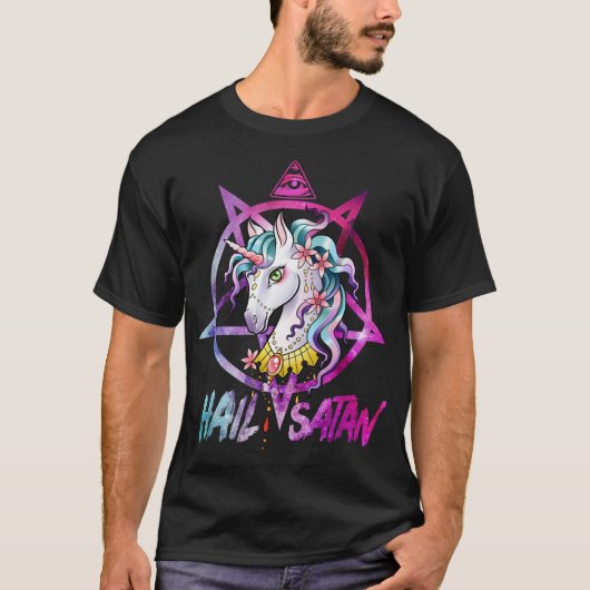 Unicorn Hail Satan Death Metal Rainbow Shirt Rave (Vorderseite)