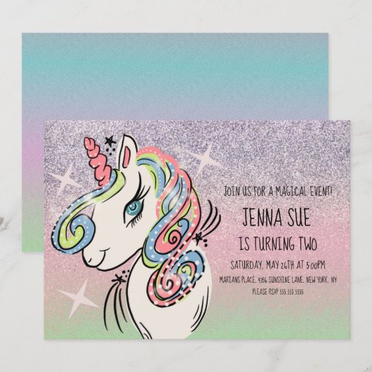 Unicorn Hand Drawn Ombré Rainbow Birthday Einladung (Vorne/Hinten)