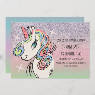 Unicorn Hand Drawn Ombré Rainbow Birthday Einladung