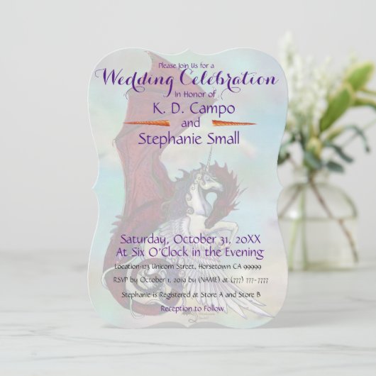 Unicorn Hochzeitsfeier Einladung Dragon Red (Stehend Vorderseite)