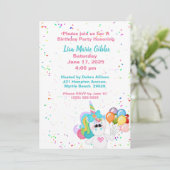 Unicorn Holding Balloons Geburtstag Einladung (Stehend Vorderseite)