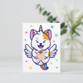 Unicorn Holding Hund Mops Kawaii Anime Postkarte (Stehend Vorderseite)
