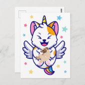 Unicorn Holding Hund Mops Kawaii Anime Postkarte (Vorne/Hinten)