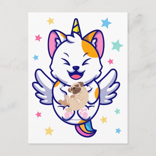 Unicorn Holding Hund Mops Kawaii Anime Postkarte (Vorderseite)