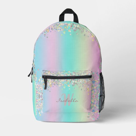 Unicorn Holographic Glitzer Bedruckter Rucksack (Vorderseite)
