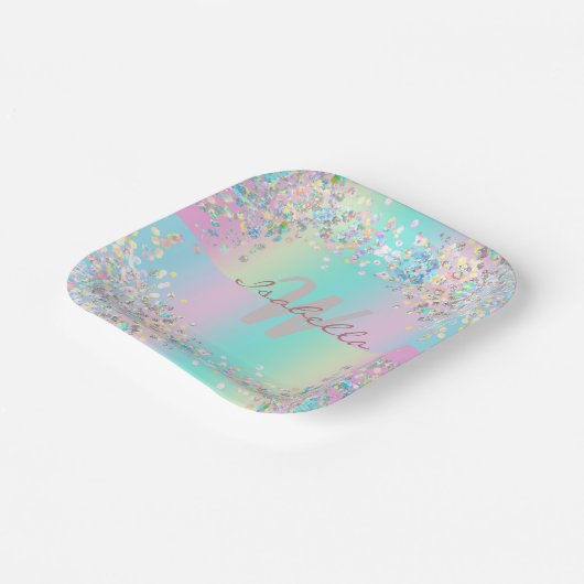 Unicorn Holographic Glitzer Pappteller (Gewinkelt)