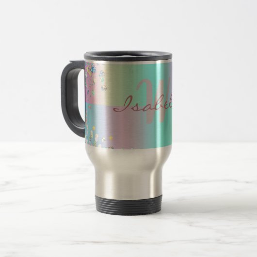 Unicorn Holographic Glitzer Reisebecher (Vorderseite Links)