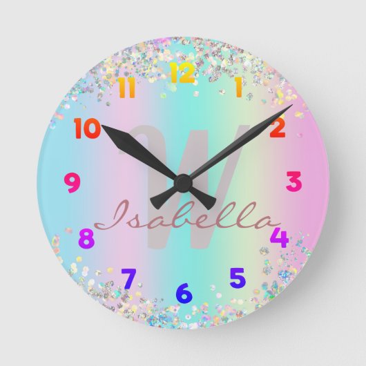 Unicorn Holographic Glitzer Runde Wanduhr (Vorderseite)