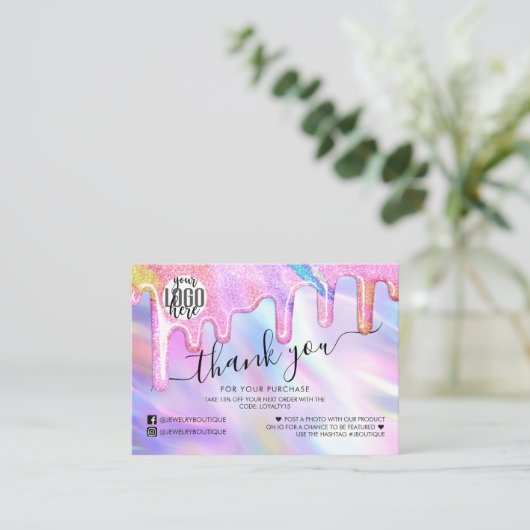 Unicorn Holographic Glitzer Vielen Dank Visitenkarte (Stehend Vorderseite)