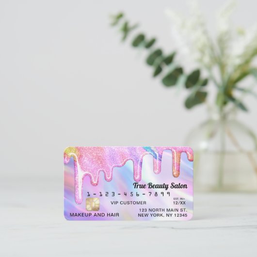 Unicorn Holographic Thick Glitzer Tropfen Credit Visitenkarte (Stehend Vorderseite)