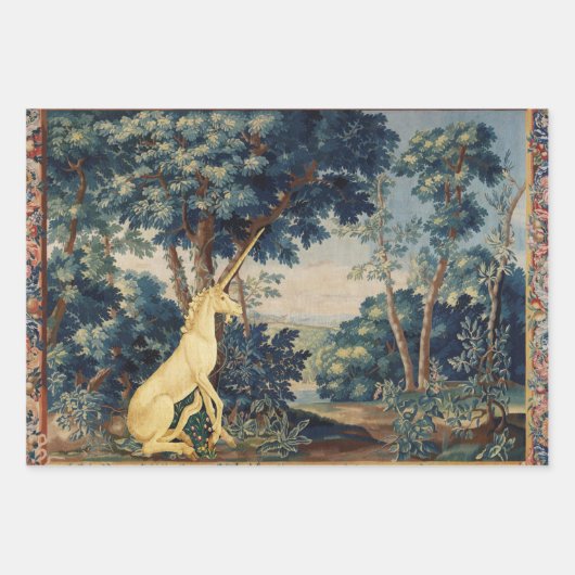 UNICORN IN HOLZLANDSCHAFT,BÄUME,GREENERIE GESCHENKPAPIER SET (Vorderseite)