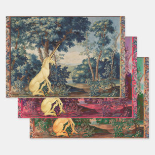 UNICORN IN HOLZLANDSCHAFT,BÄUME,GREENERIE  GESCHENKPAPIER SET