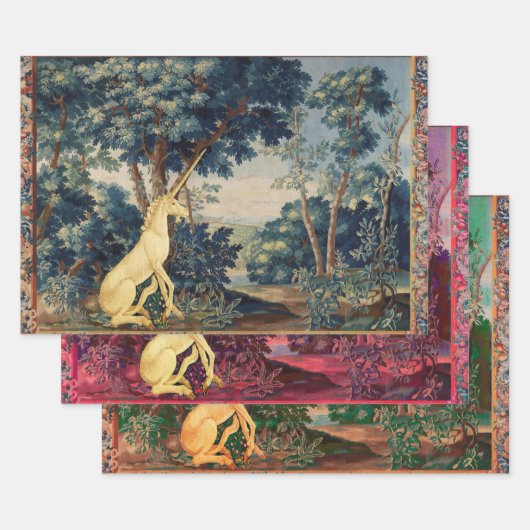 UNICORN IN HOLZLANDSCHAFT,BÄUME,GREENERIE GESCHENKPAPIER SET (Set)