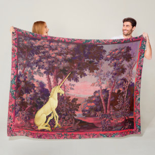 UNICORN IN HOLZLANDSCHAFT,BÄUME,PINKBLAU FLEECEDECKE