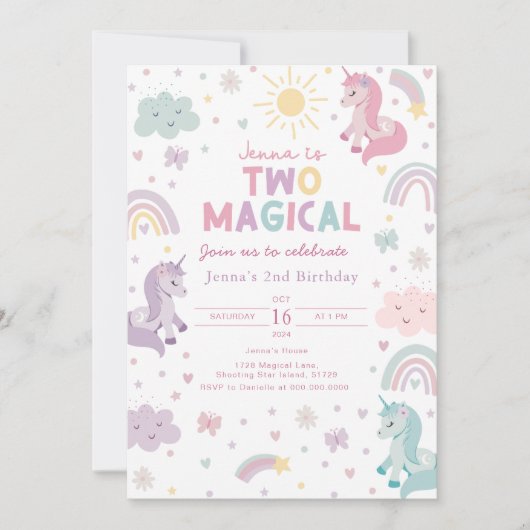 Unicorn Invitation Two Magical. Girls 2nd Birthday Einladung (Vorderseite)