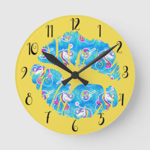 UNICORN Iridescent Aqua Foil Metallic KISS LIPS Runde Wanduhr