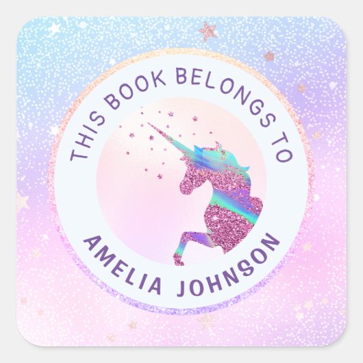 Unicorn Iridescent Pink Blau dieses Buch gehört zu Quadratischer Aufkleber (Vorderseite)