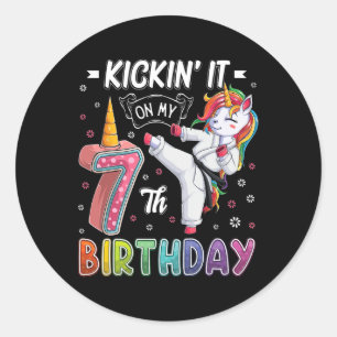 Unicorn Karate 7. Geburtstag 7 Sieben Jahre alter  Runder Aufkleber