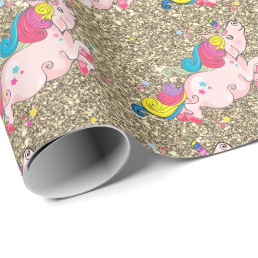 Unicorn Kawaii Rainbow Metallic Gold Glitzer Geschenkpapier (Rolleneckpunkt)