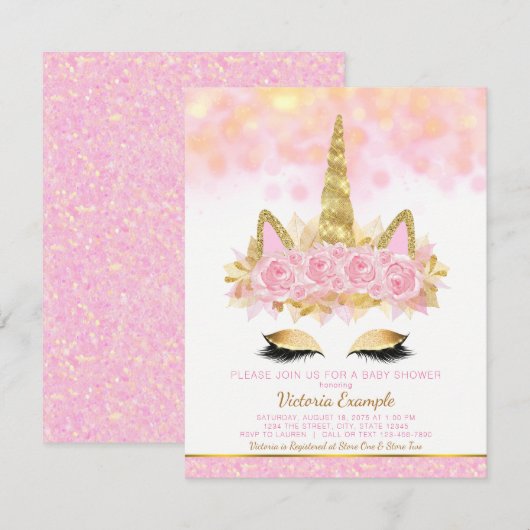 Unicorn Kinderdusche Einladungen Rosa Gold Einhorn (Vorne/Hinten)