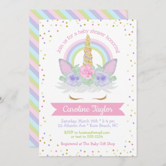 Unicorn Kinderdusche Rosa und Lila Regenbogen Einladung (Vorne/Hinten)