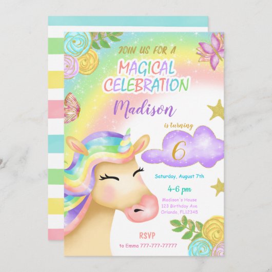 Unicorn-Kindergeburtstag-Party Einladung (Vorne/Hinten)