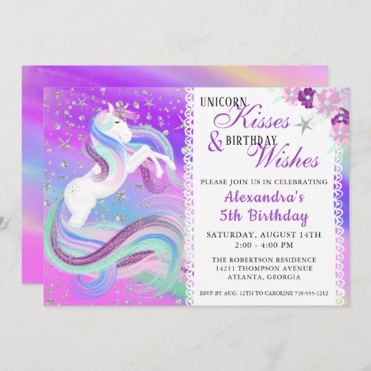 Unicorn Kisses Birthday wünscht Silberstars Lila (Vorne/Hinten)