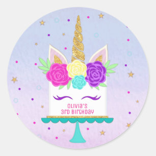 Unicorn-Kuchen-Aufkleber-Rosa-lila Gold Runder Aufkleber