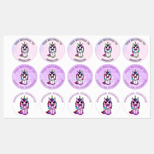 Unicorn Lila Butterfly School Etiketten (Blatt)