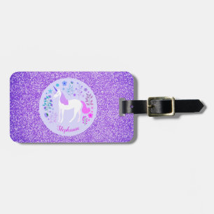 Unicorn Lila Glitzer Personalisierter Name Gepäckanhänger