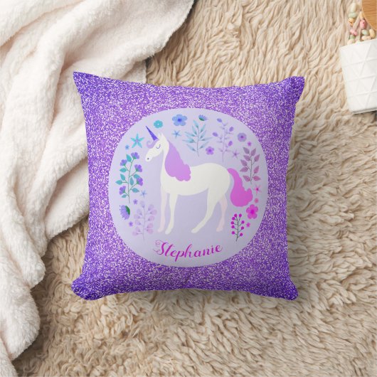 Unicorn Lila Glitzer Personalisierter Name Kissen (Decke)