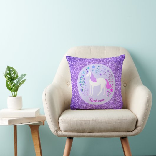 Unicorn Lila Glitzer Personalisierter Name Kissen (Stuhl )