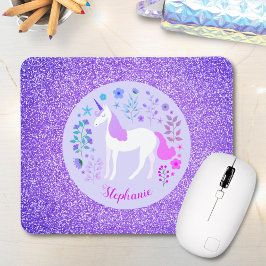 Unicorn Lila Glitzer Personalisierter Name Mousepad