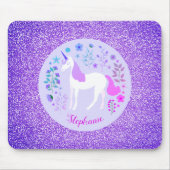 Unicorn Lila Glitzer Personalisierter Name Mousepad (Vorne)