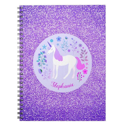 Unicorn Lila Glitzer Personalisierter Name Notizblock (Vorderseite)