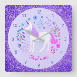 Unicorn Lila Glitzer Personalisierter Name Quadratische Wanduhr