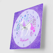 Unicorn Lila Glitzer Personalisierter Name Quadratische Wanduhr (Winkel)