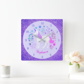 Unicorn Lila Glitzer Personalisierter Name Quadratische Wanduhr (Zuhause)