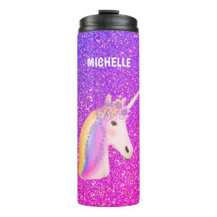 Unicorn Lila Pink Glitzer Personalisiert Thermosbecher
