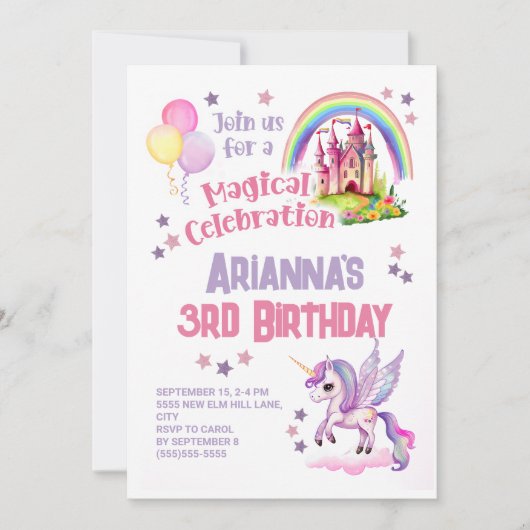 Unicorn Little Girl's 2. Geburtstag Einladung (Vorderseite)