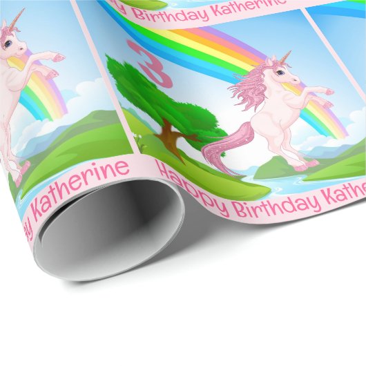 Unicorn Little Girl's Birthday Age & Name Gift Geschenkpapier (Rolleneckpunkt)