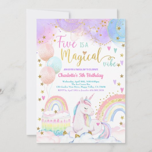 Unicorn Magical 5th Birthday Party Pastel Rainbow Einladung (Vorderseite)