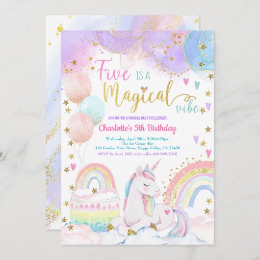 Unicorn Magical 5th Birthday Party Pastel Rainbow Einladung (Vorne/Hinten)