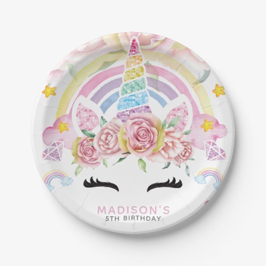 Unicorn Magical Birthday Floral Pappteller (Vorderseite)