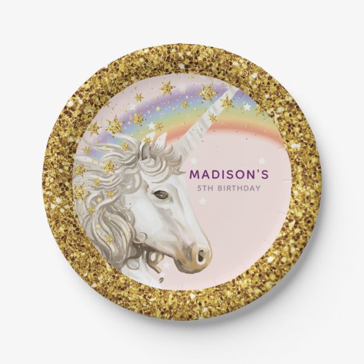 Unicorn Magical Birthday Gold Pappteller (Vorderseite)