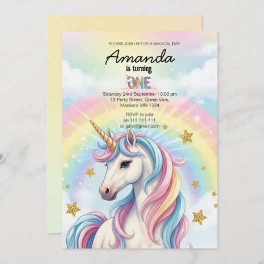 Unicorn Magical Birthday Party Invitation Card Einladung (Vorne/Hinten)