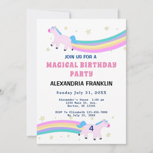 Unicorn Magical Birthday Party Rainbow Einladung (Vorderseite)