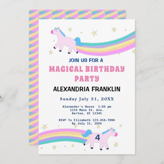 Unicorn Magical Birthday Party Rainbow Einladung (Vorne/Hinten)