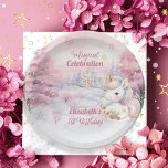 Unicorn Magical Celebration 1. Geburtstag Party Pappteller<br><div class="desc">Wir wissen, dass Sie nicht warten können, Ihren kleinen Geburtstag zu feiern, und dieses Wintersaison-Thema "Magische Feier" Design feiert Ihr kleines in ruhmreichen rosa! Ein niedliches kleines Einhorn ist ganz in Rosa und goldfarben gehalten, vor einem schneebedeckten, sternenrosa und blassrosa Lavendelhintergrund. Die schönen rosa Bäume blühen, während der Schnee überall...</div>