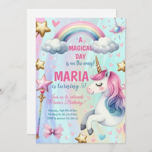 Unicorn Magical day Birthday Party Einladung (Vorne/Hinten)